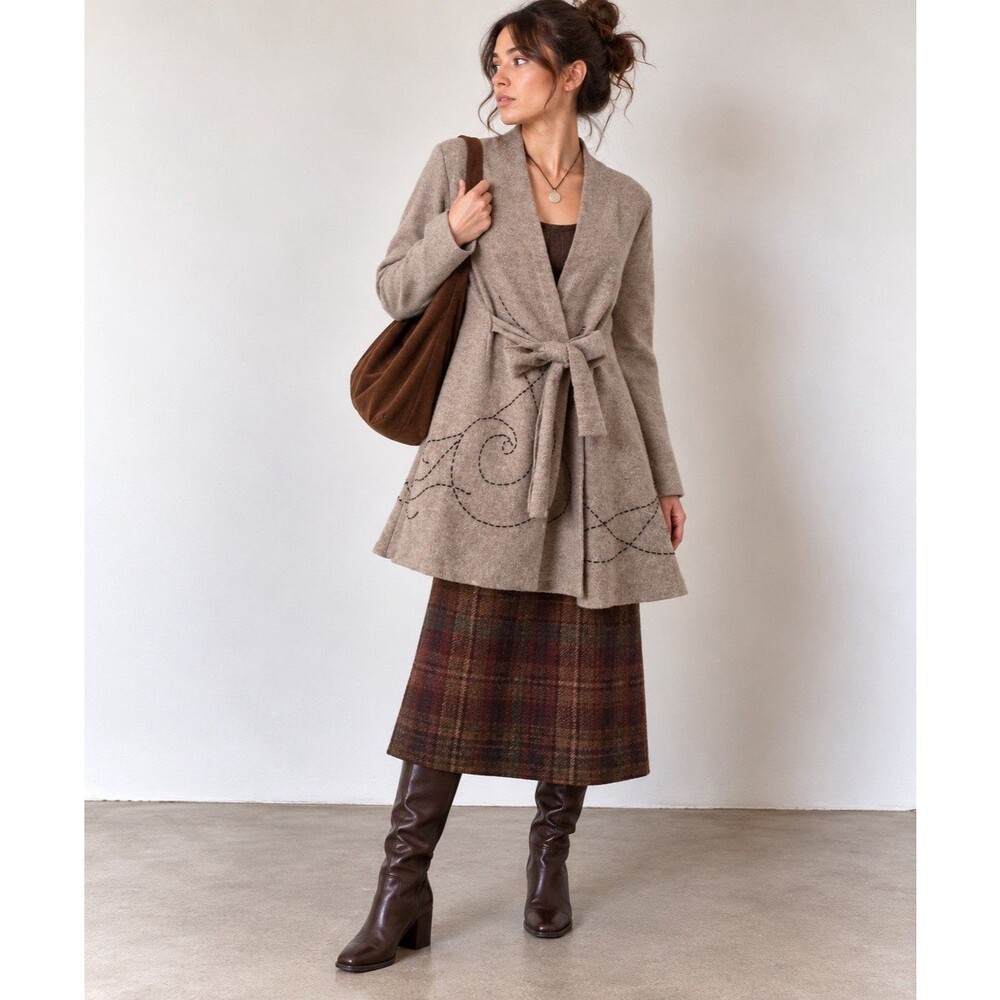 Rosie Neira Anthropologie 100% Wool Wrap Coat XL Embroidered Boho Fairycore Y2K